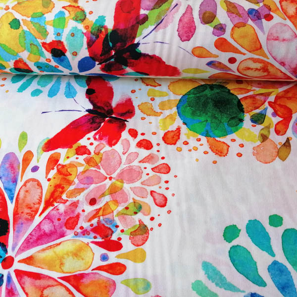 Meterware 2m breit - Blumen mit Schmetterling