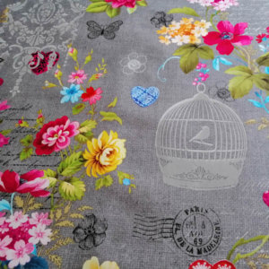 Tischdecke Grau mit pinken Blumen