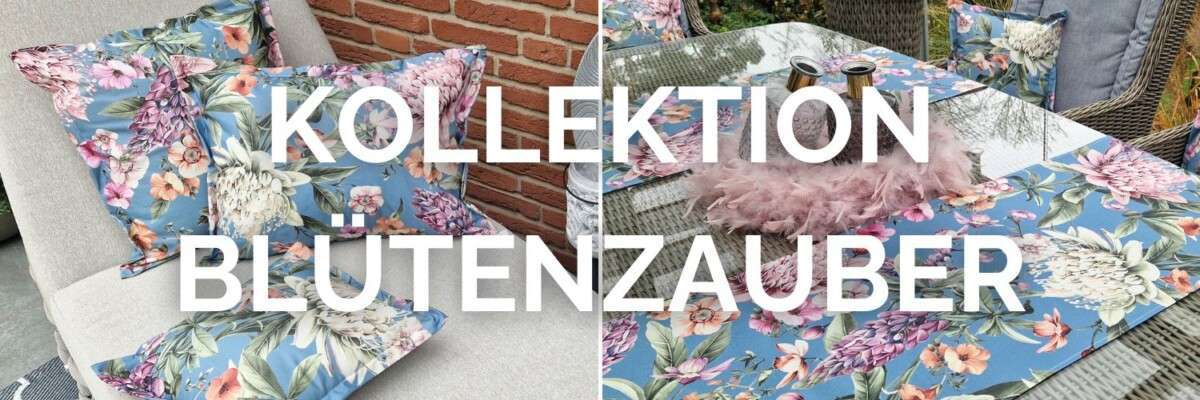 Kissen und Tischdecken aus der Kollektion Blütenzauber